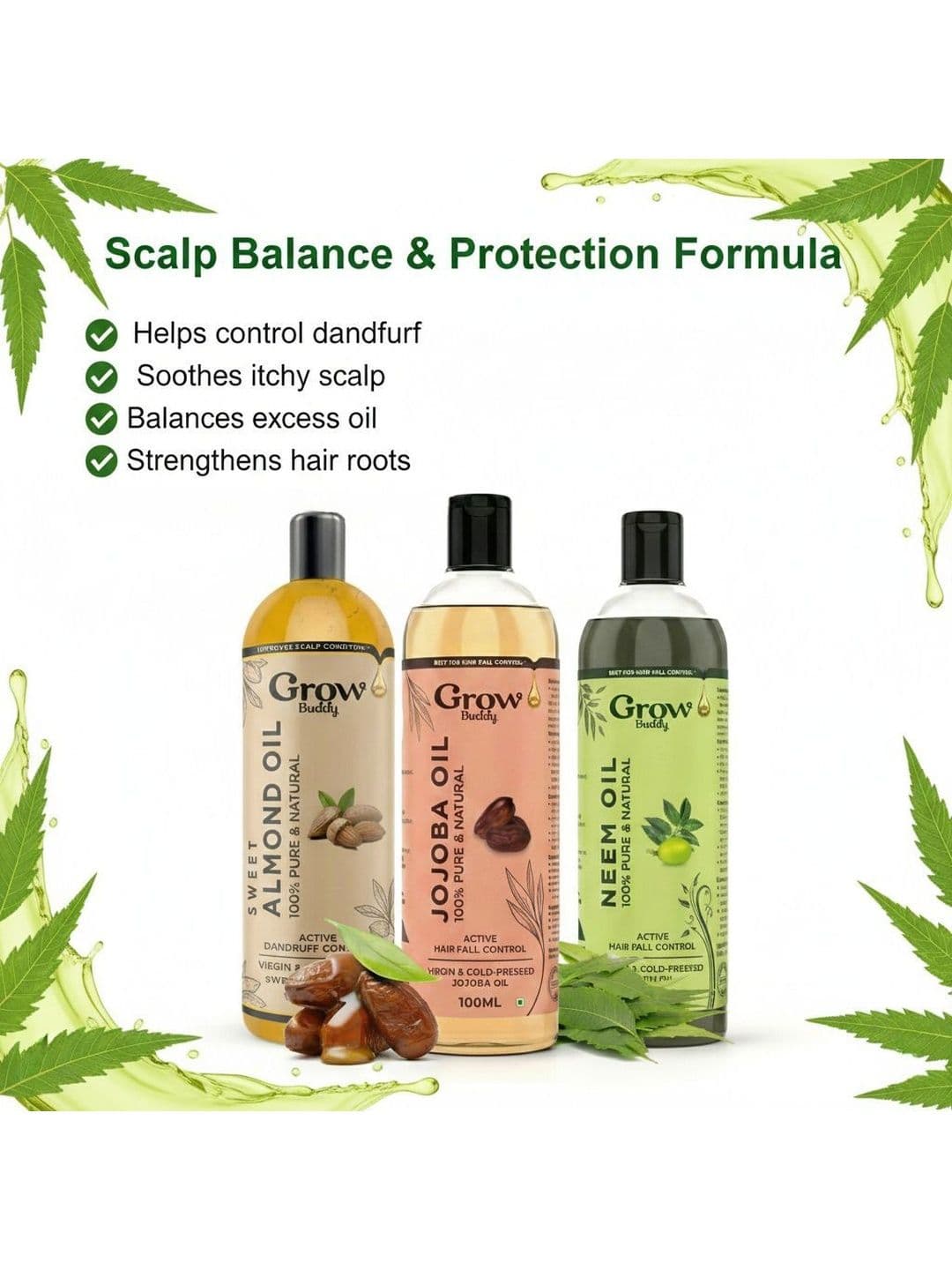 Growbuddy Set Of 3 Pure & Natural Jojoba Neem & Almond Hair Oils - 100ml Each thumbnail 3