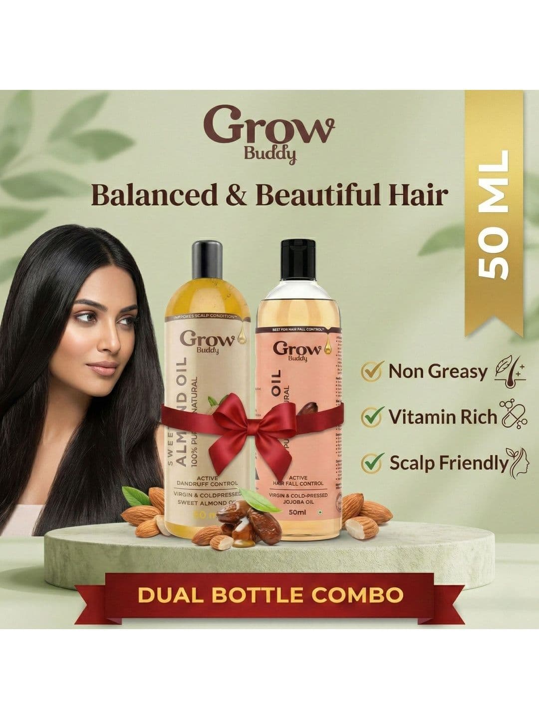 Growbuddy Set Of 2 Active Hair Fall & Dandruff Control Almond & Jojoba Oil - 50 ml Each thumbnail 2