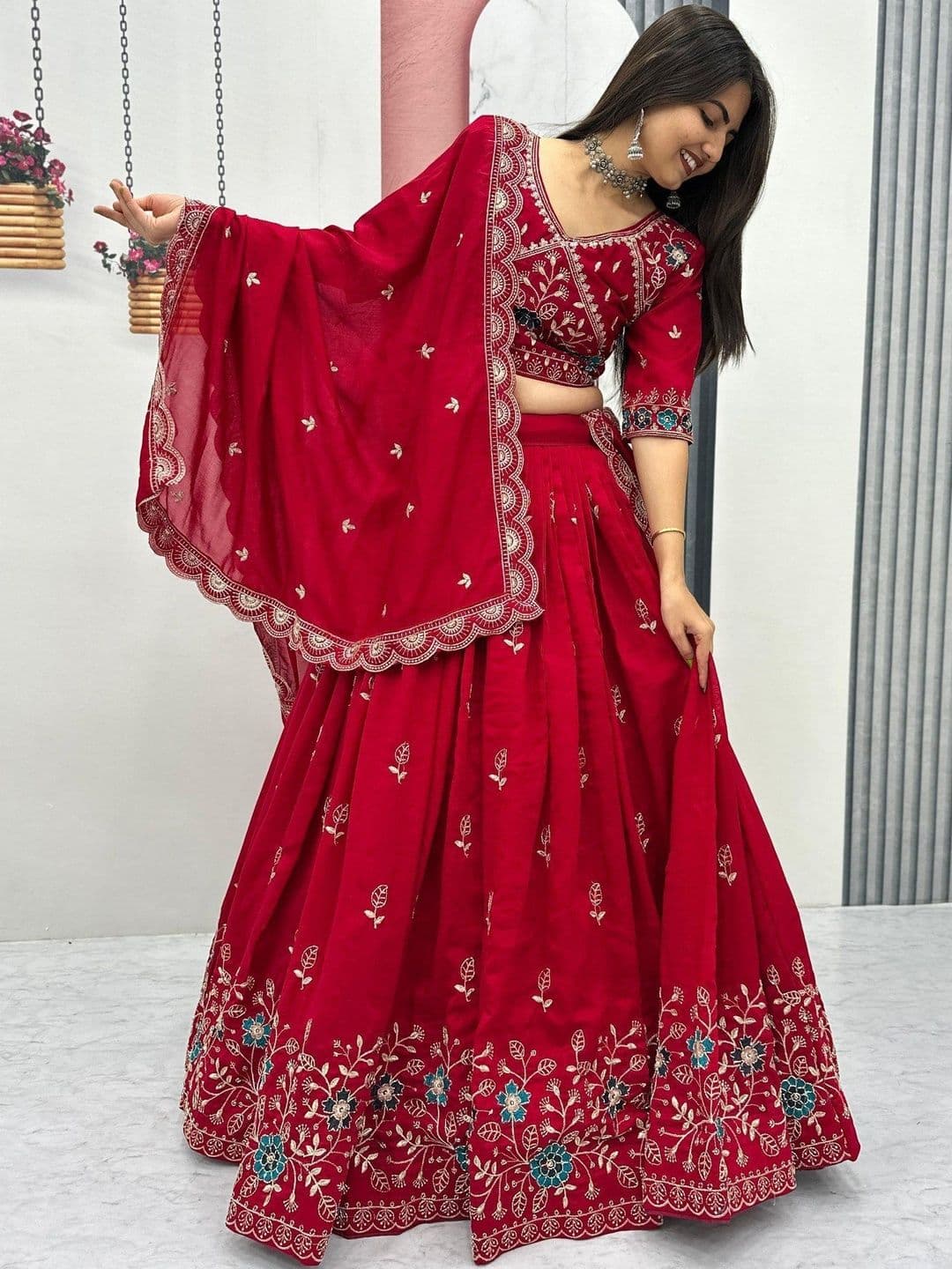 all about you Embroidered Thread Work Semi-Stitched Lehenga & Blouse With Dupatta thumbnail 4