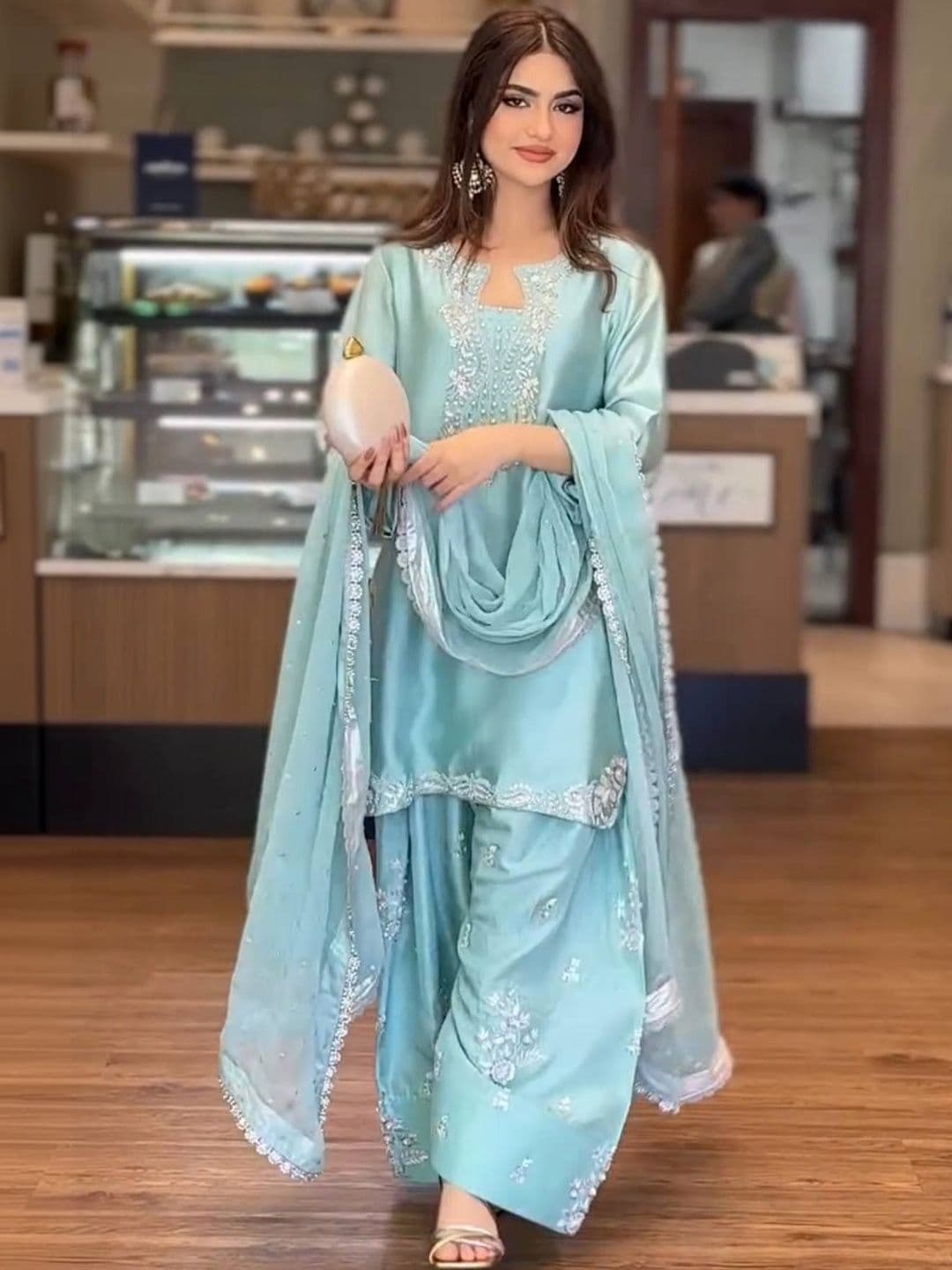 HERINK FASHION Women Ethnic Motifs Embroidered Regular Thread Work Raw Silk Kurta with Palazzos & With thumbnail 7