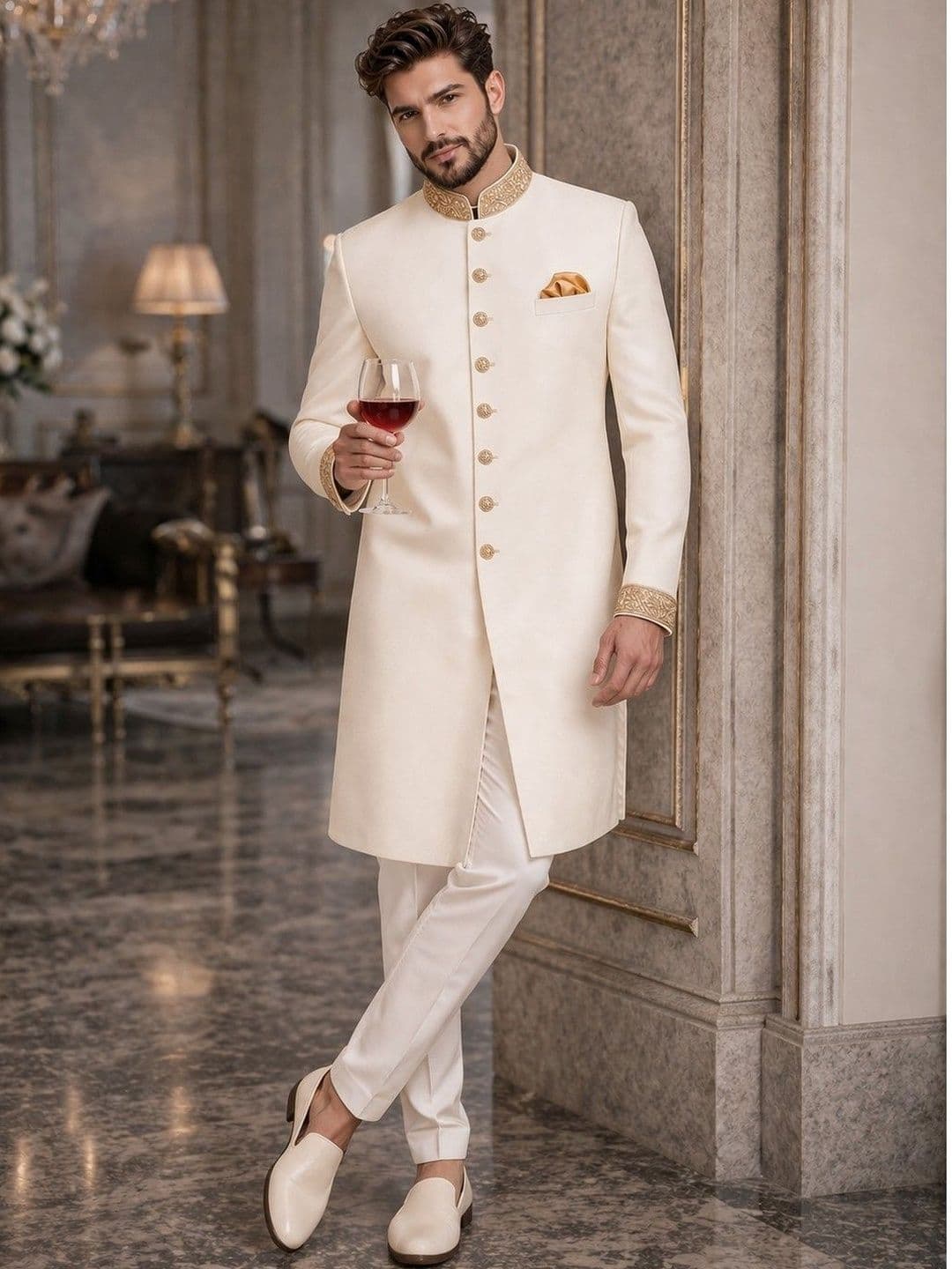 House of Pataudi Embroidered Cotton Sherwani Set thumbnail 2