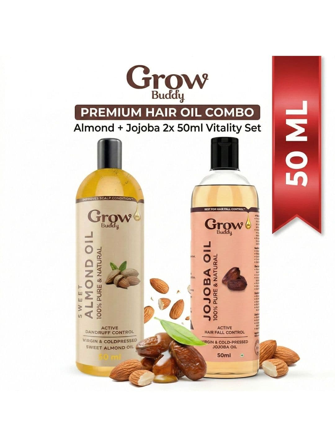 Growbuddy Set Of 2 Active Hair Fall & Dandruff Control Almond & Jojoba Oil - 50 ml Each - view 1