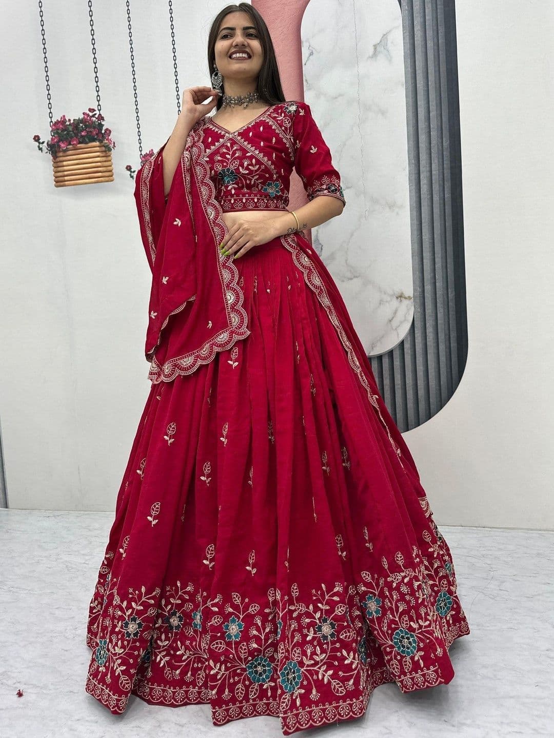 all about you Embroidered Thread Work Semi-Stitched Lehenga & Blouse With Dupatta thumbnail 5