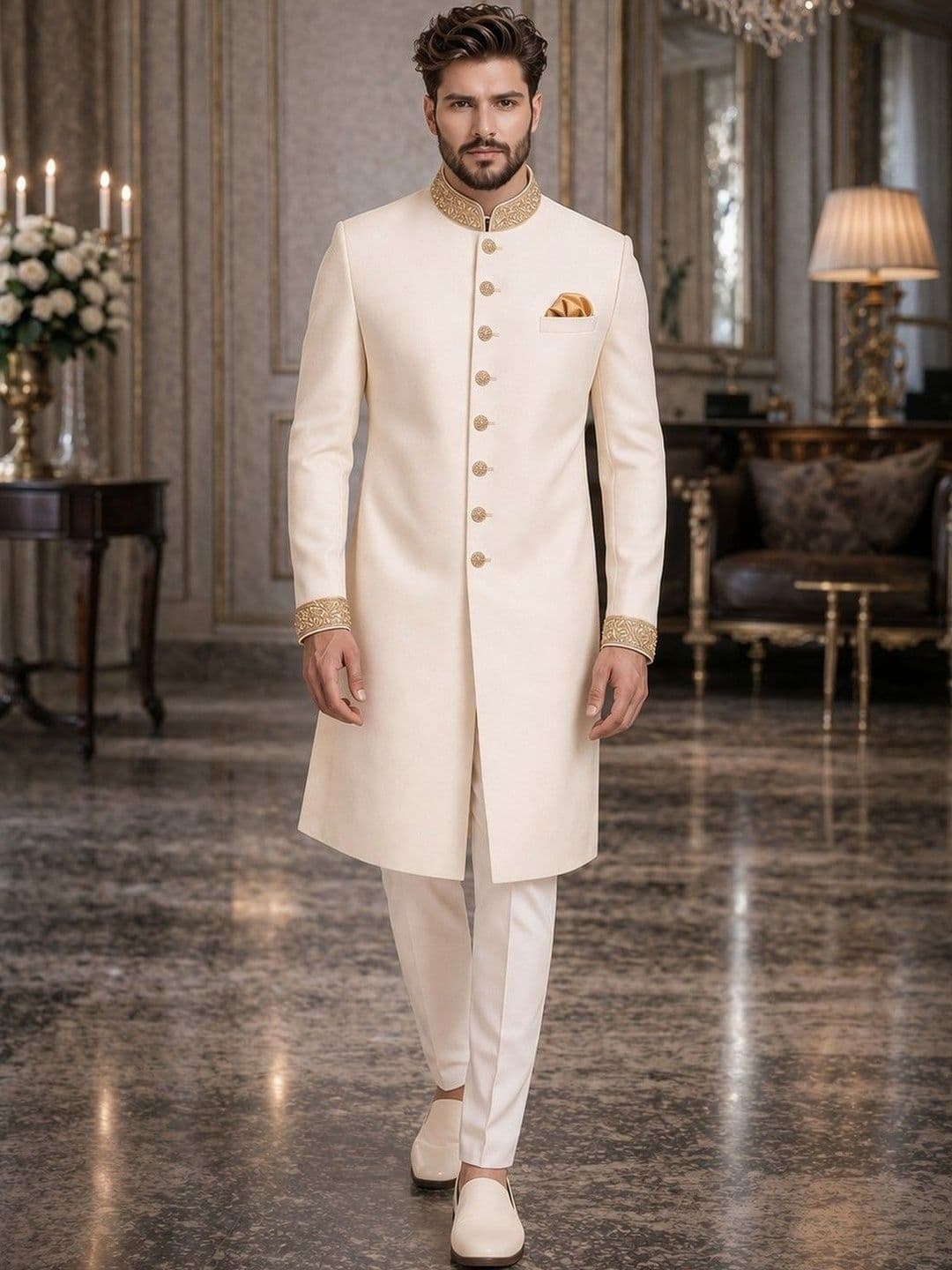 House of Pataudi Embroidered Cotton Sherwani Set - view 1