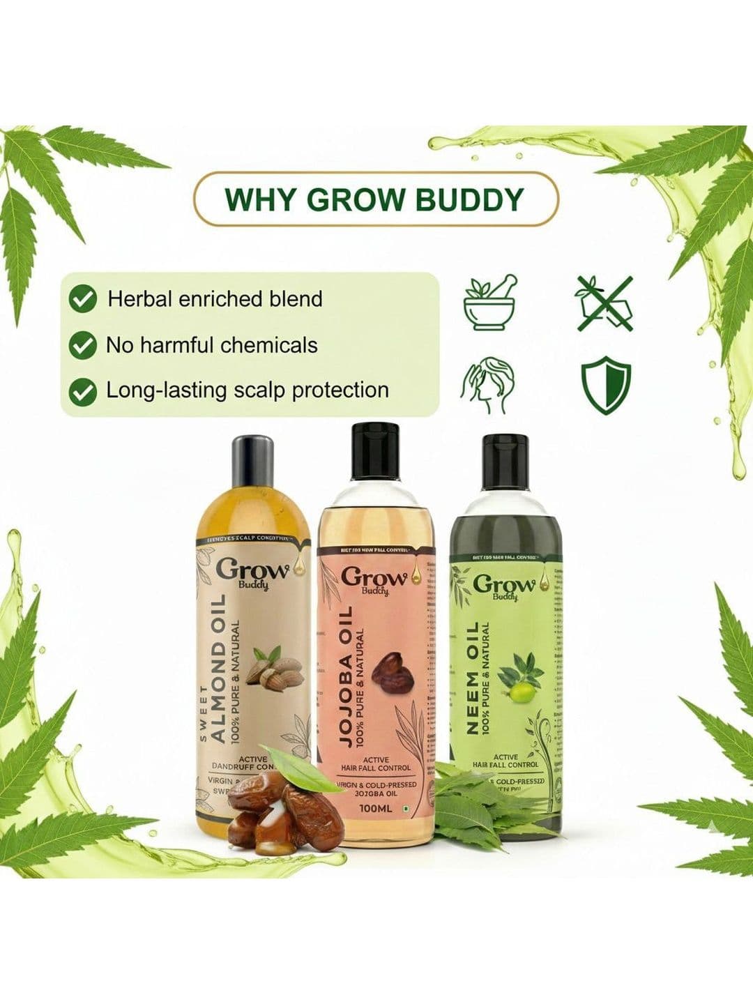 Growbuddy Set Of 3 Pure & Natural Jojoba Neem & Almond Hair Oils - 100ml Each thumbnail 2