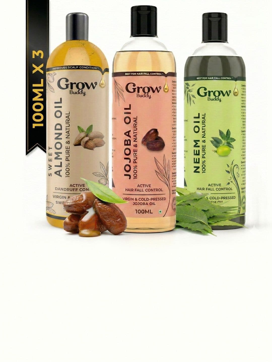 Growbuddy Set Of 3 Pure & Natural Jojoba Neem & Almond Hair Oils - 100ml Each - view 1