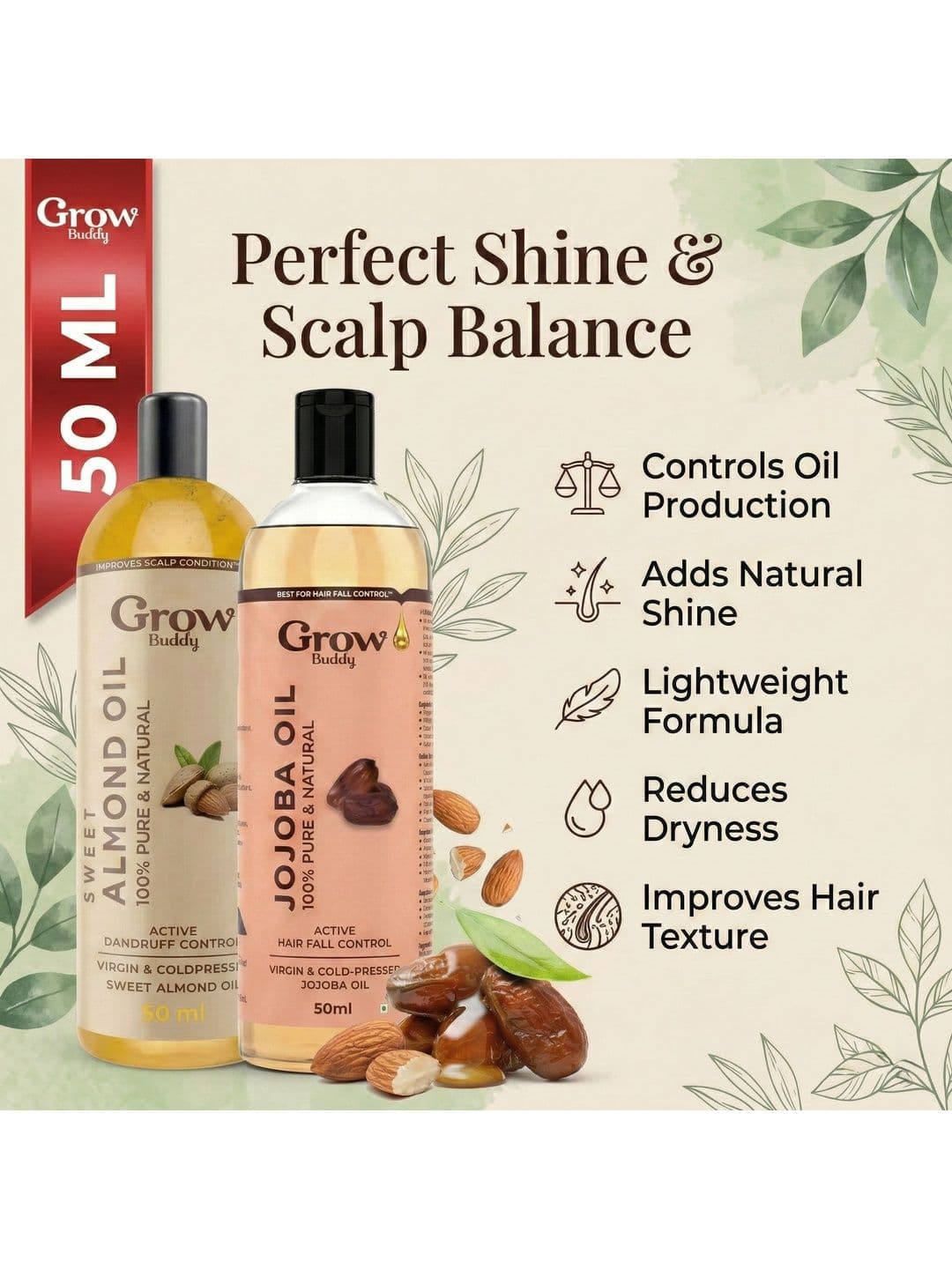 Growbuddy Set Of 2 Active Hair Fall & Dandruff Control Almond & Jojoba Oil - 50 ml Each thumbnail 3