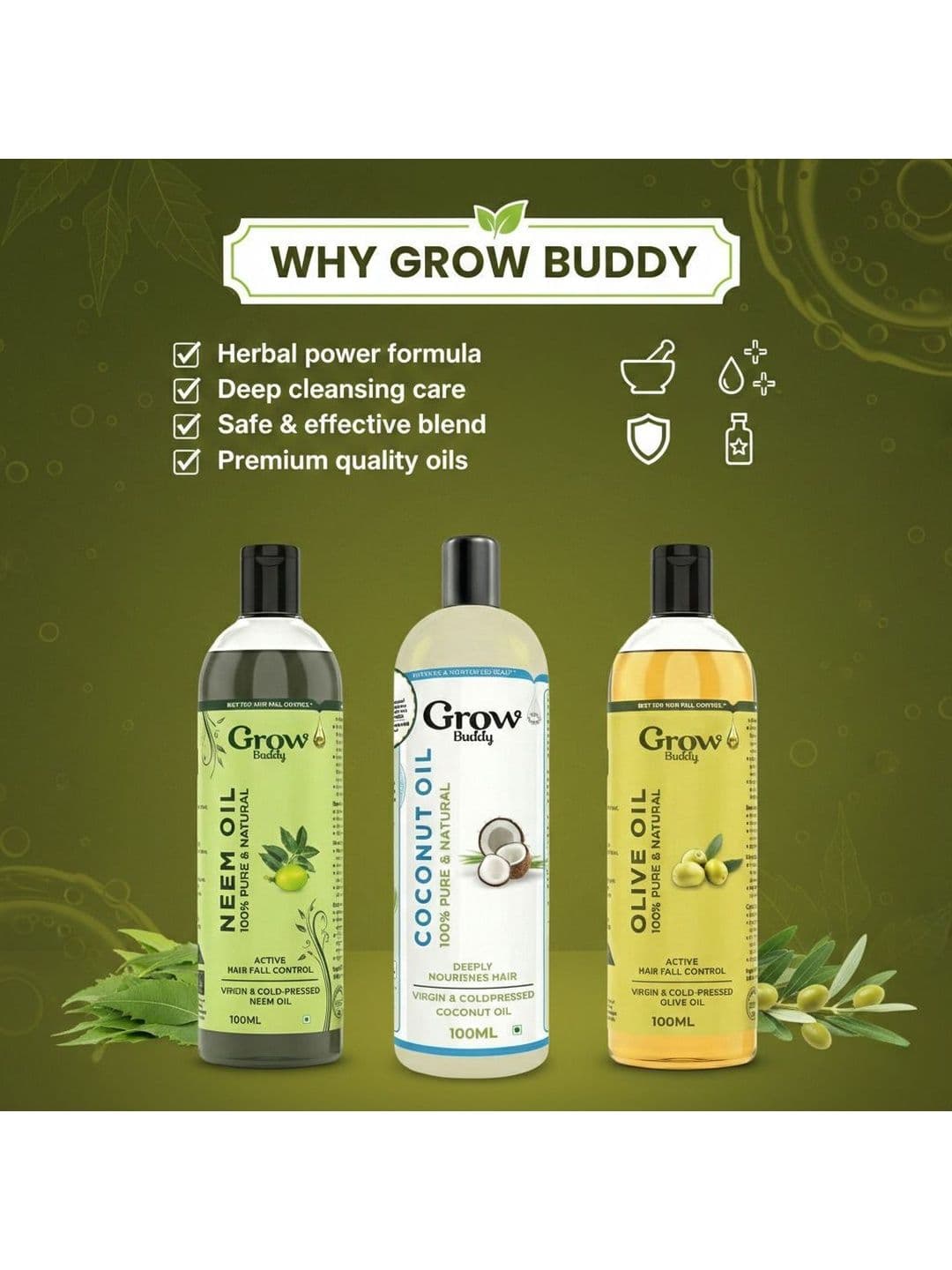Growbuddy Set Of 3 Neem Coconut & Olive Hair Oil - 100 ml Each thumbnail 4