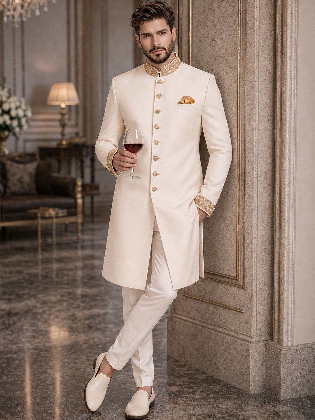 House of Pataudi Embroidered Cotton Sherwani Set thumbnail 4