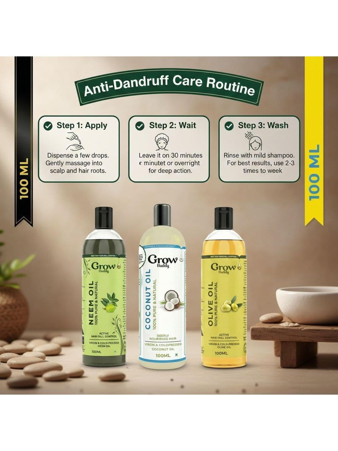 Growbuddy Set Of 3 Neem Coconut & Olive Hair Oil - 100 ml Each thumbnail 3
