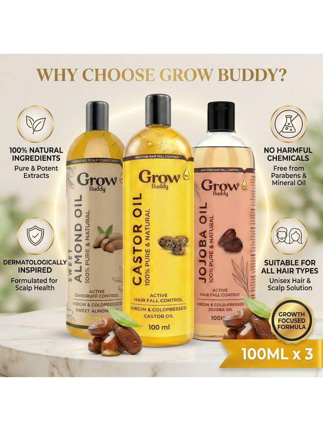 Growbuddy Set Of 3 Almond Castor & Jojoba Hair Oils - 100 ml Each thumbnail 2