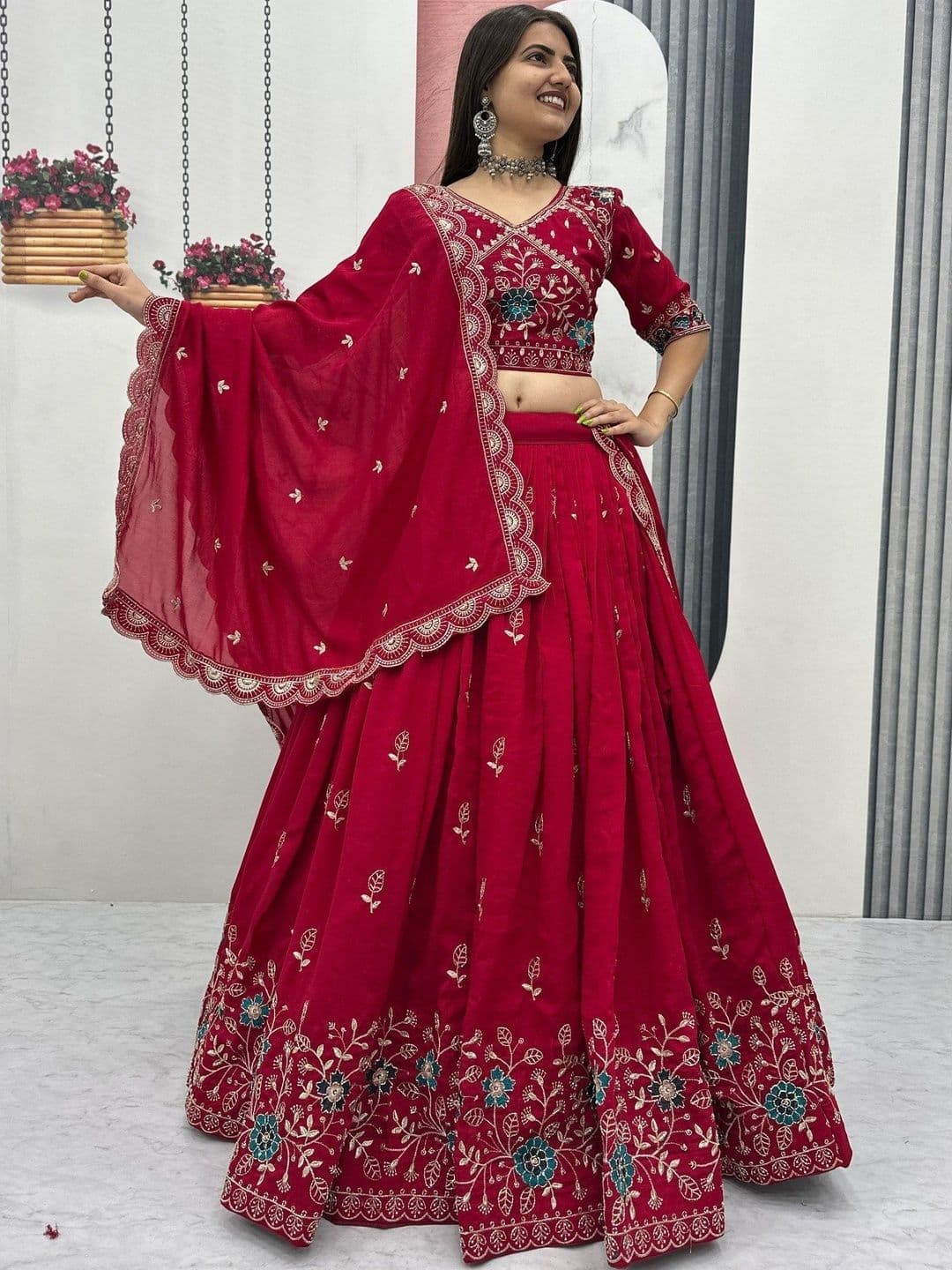 all about you Embroidered Thread Work Semi-Stitched Lehenga & Blouse With Dupatta - view 1