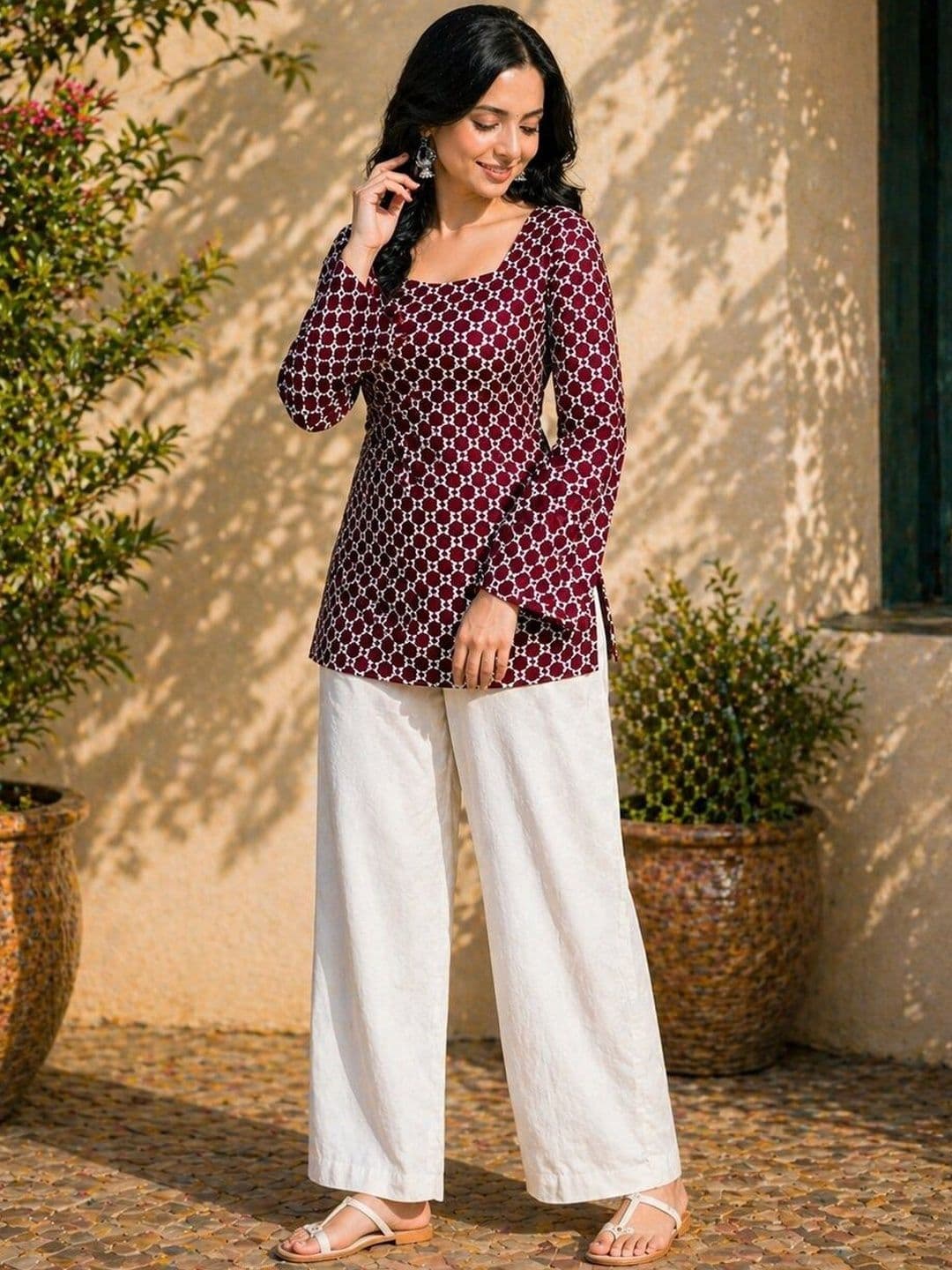 METAFAB Geometric Printed Square Neck Flared Sleeves Pure Cotton Kurti thumbnail 6