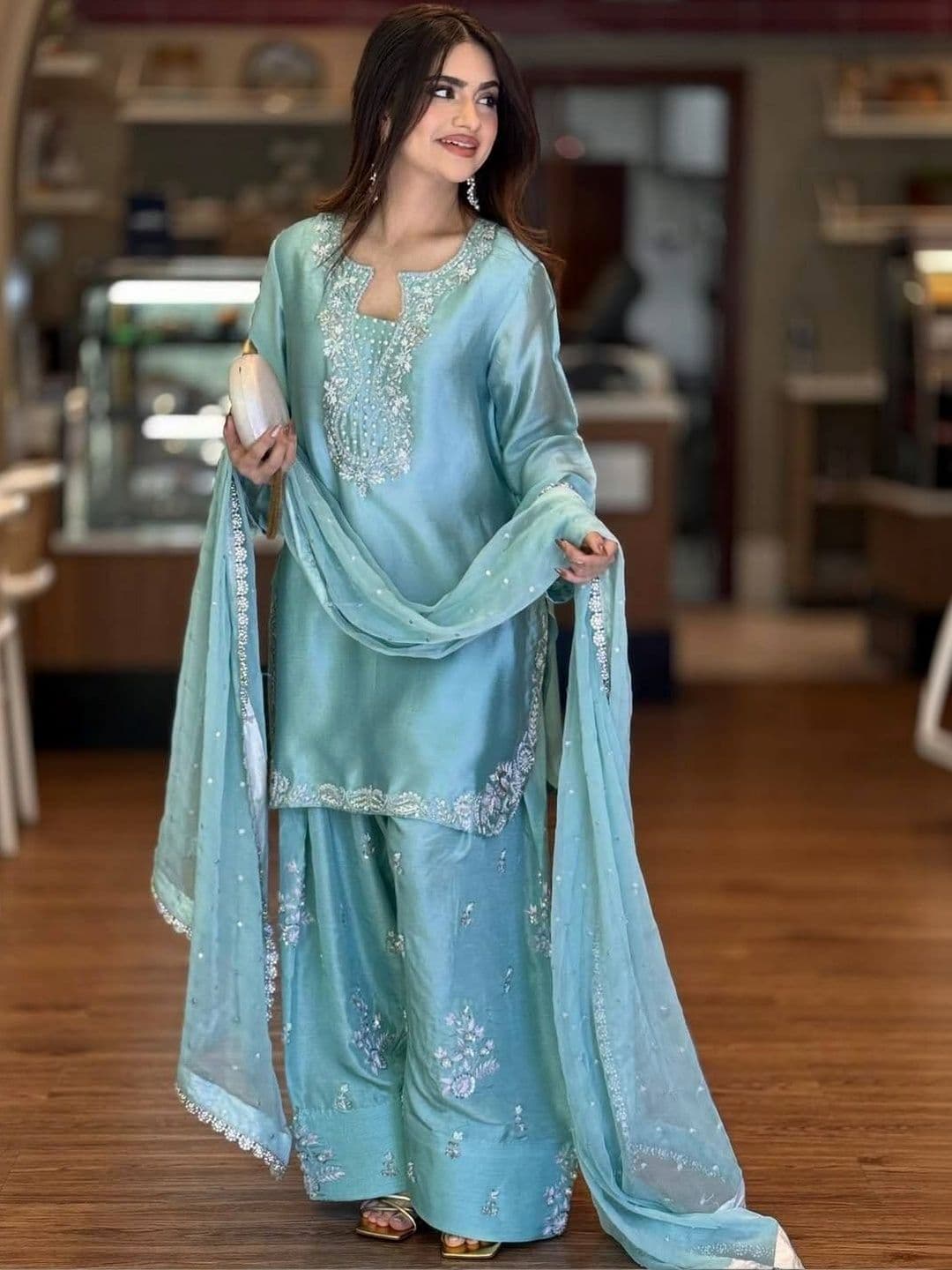 HERINK FASHION Women Ethnic Motifs Embroidered Regular Thread Work Raw Silk Kurta with Palazzos & With - view 1
