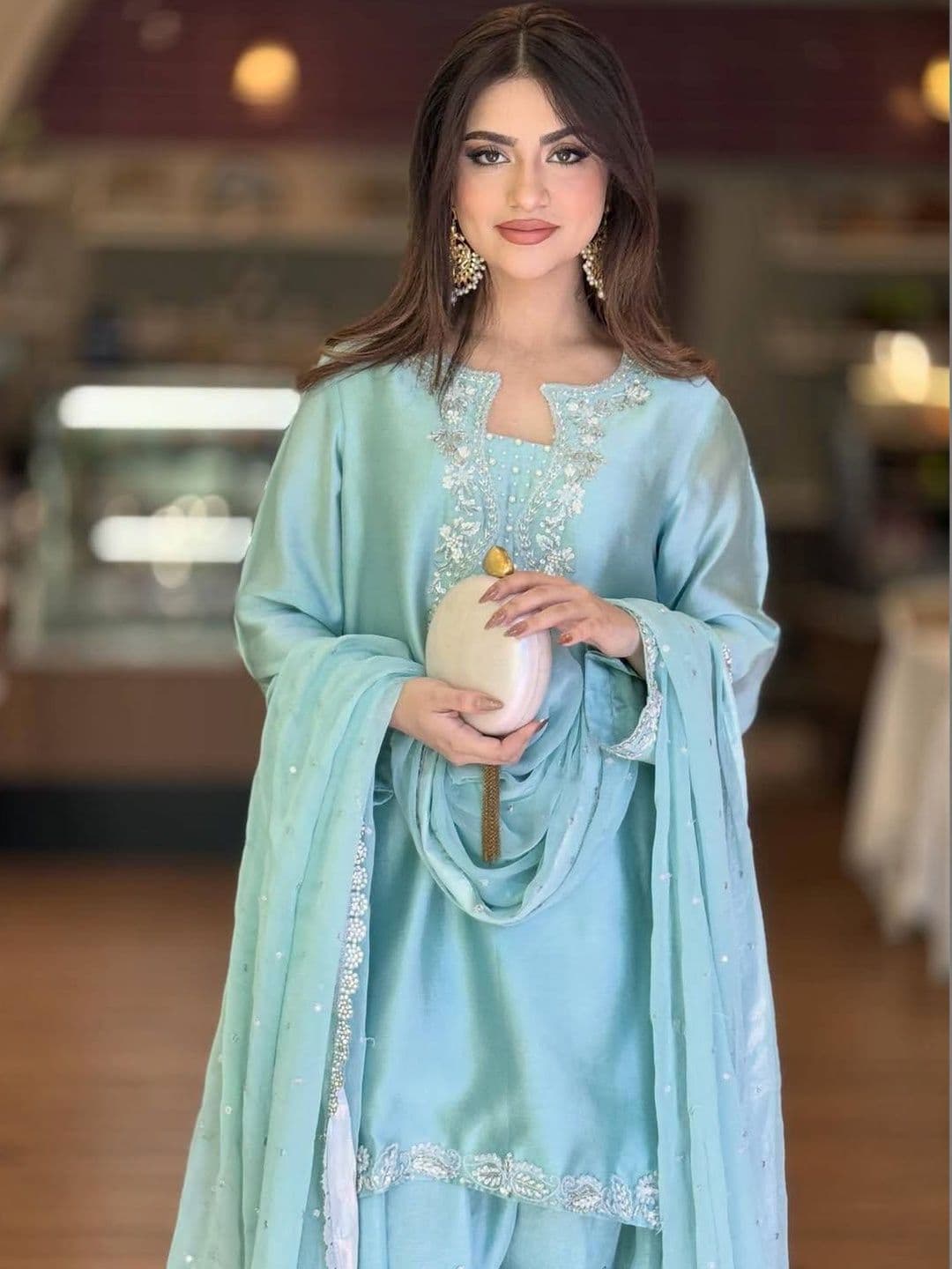 HERINK FASHION Women Ethnic Motifs Embroidered Regular Thread Work Raw Silk Kurta with Palazzos & With thumbnail 6
