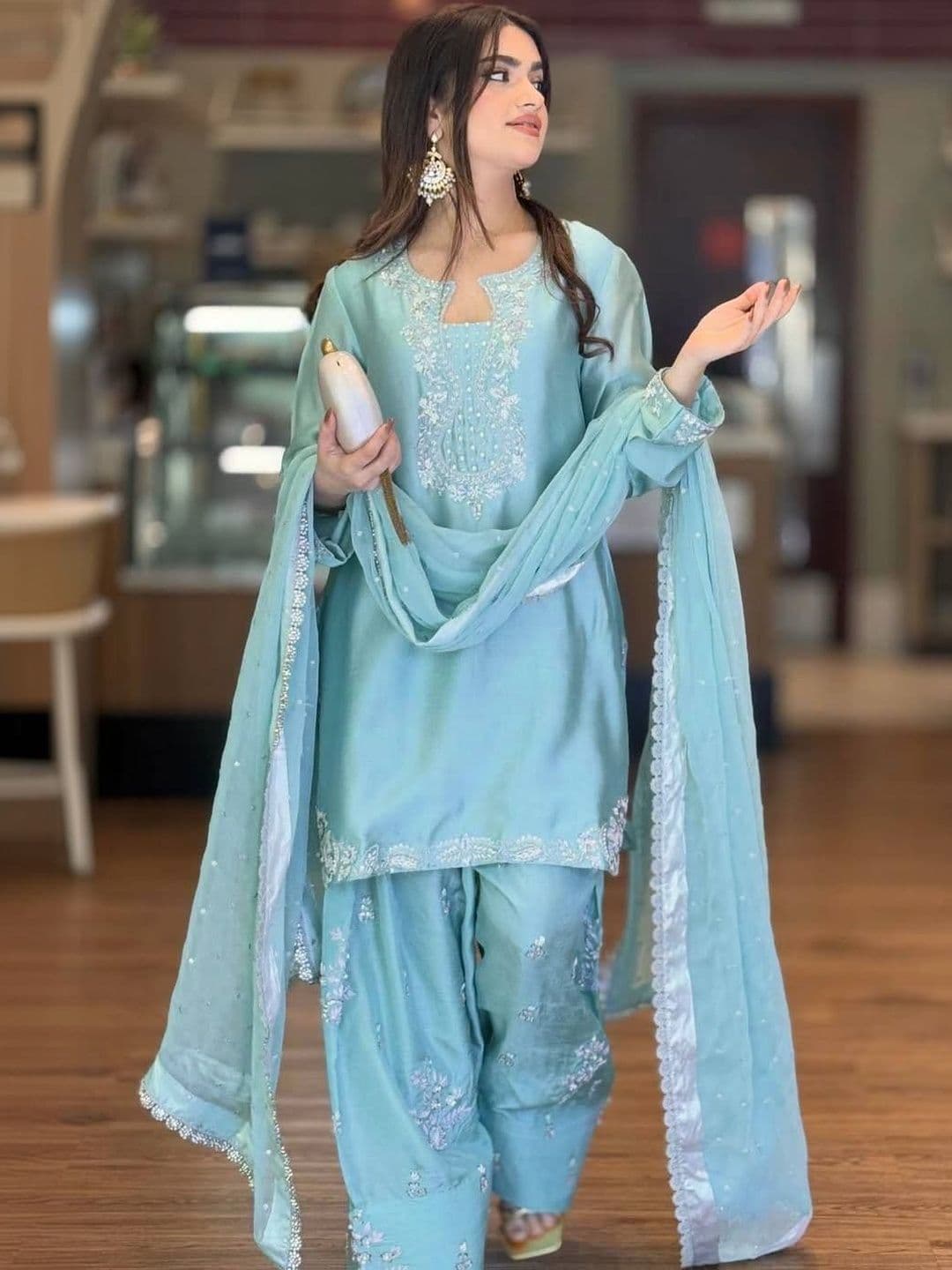 HERINK FASHION Women Ethnic Motifs Embroidered Regular Thread Work Raw Silk Kurta with Palazzos & With thumbnail 2