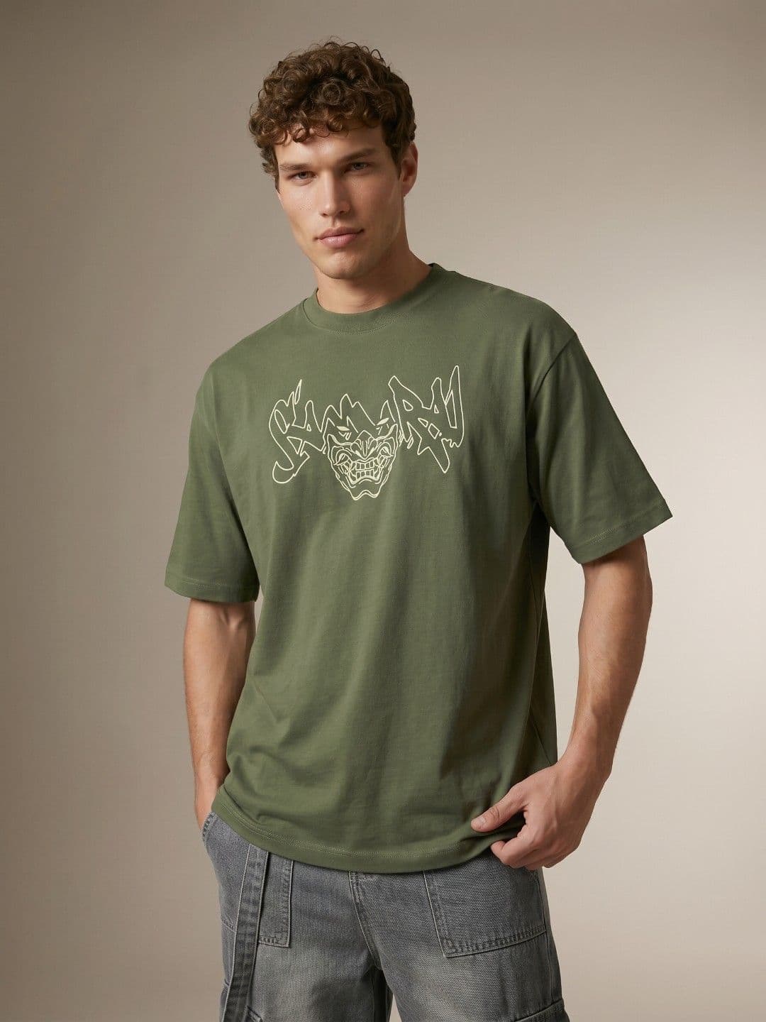 glitchez Olive Green Graphic Printed Oversized Fit T-shirt thumbnail 5