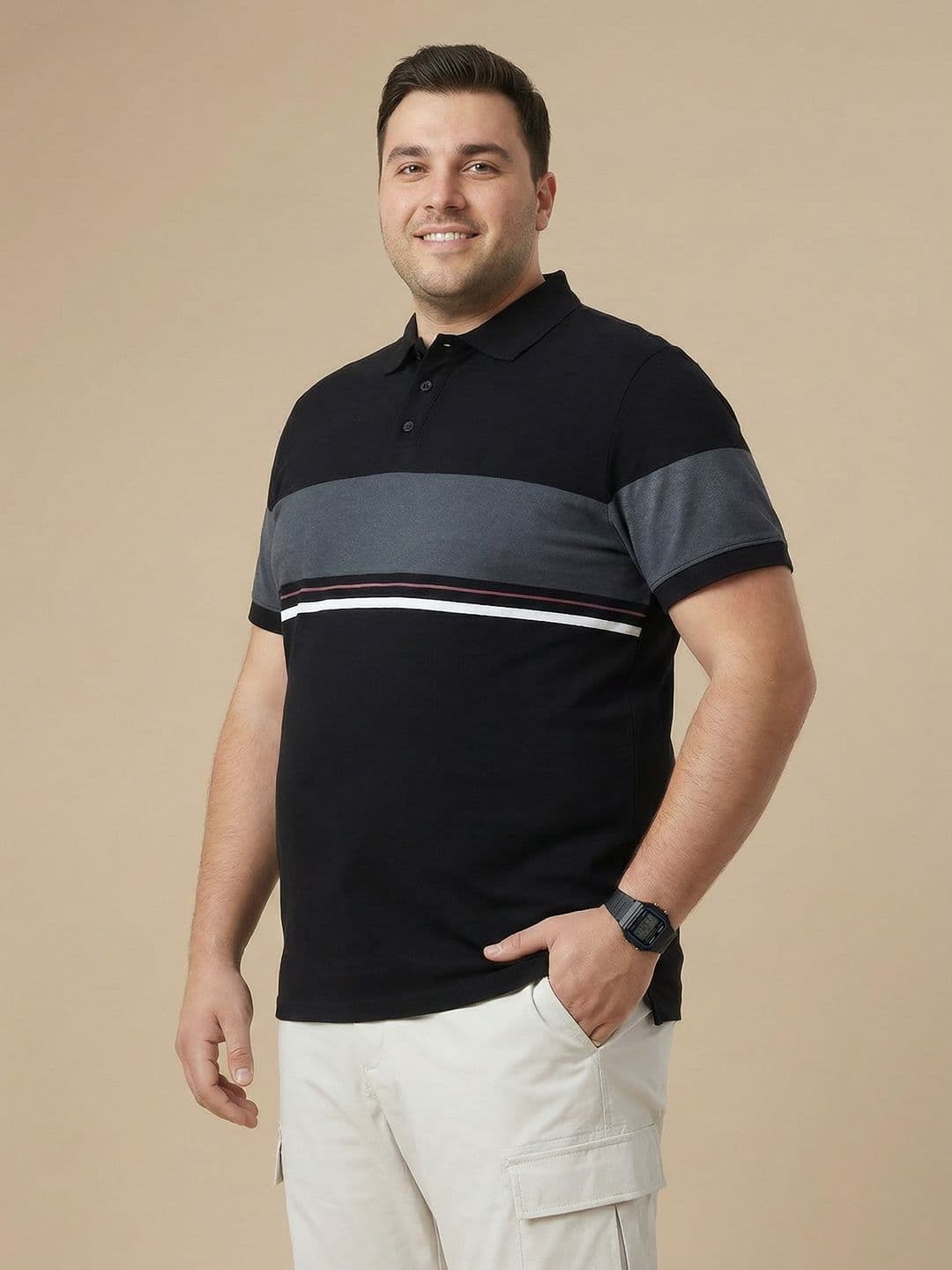 Sztori Plus Size Striped Polo Collar T-shirt thumbnail 5