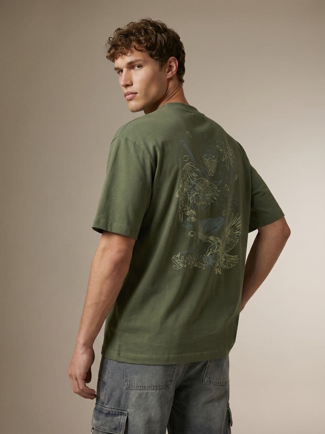 glitchez Olive Green Graphic Printed Oversized Fit T-shirt - view 1