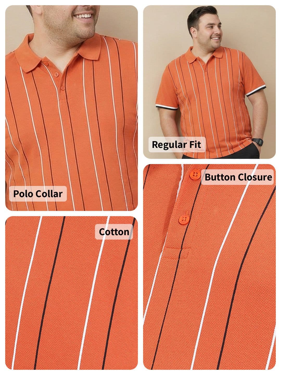 Sztori Plus Size Striped Polo Collar Pure Cotton T-shirt thumbnail 6