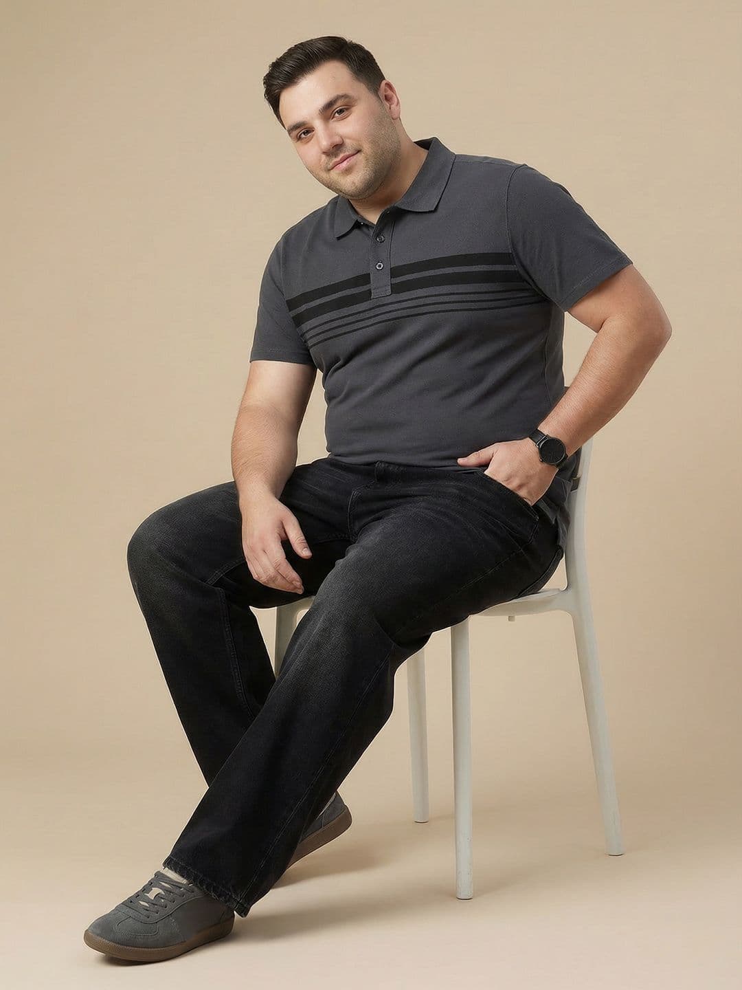 Sztori Plus Size Striped Polo Collar Pure Cotton T-shirt thumbnail 6