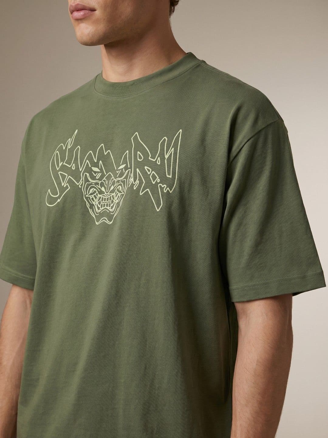 glitchez Olive Green Graphic Printed Oversized Fit T-shirt thumbnail 4