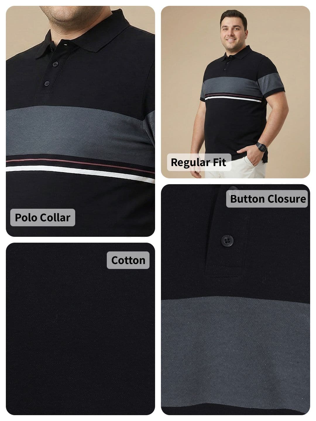 Sztori Plus Size Striped Polo Collar T-shirt thumbnail 4