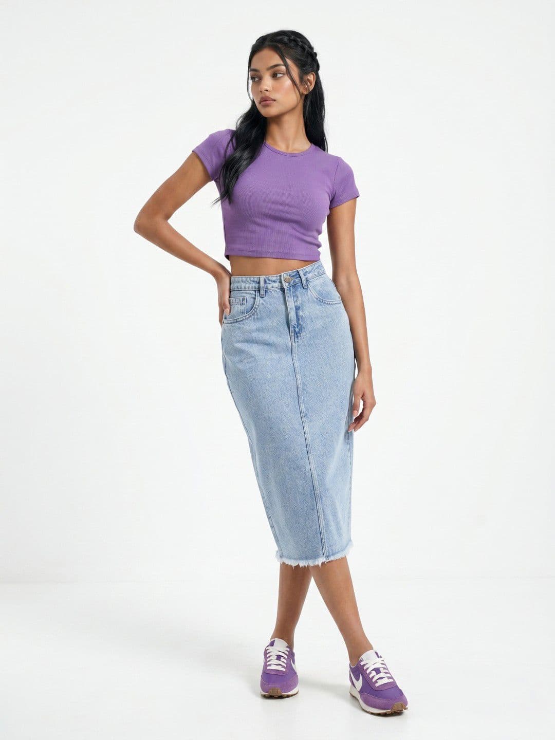 glitchez Women Back Slit Midi Denim Skirt thumbnail 3