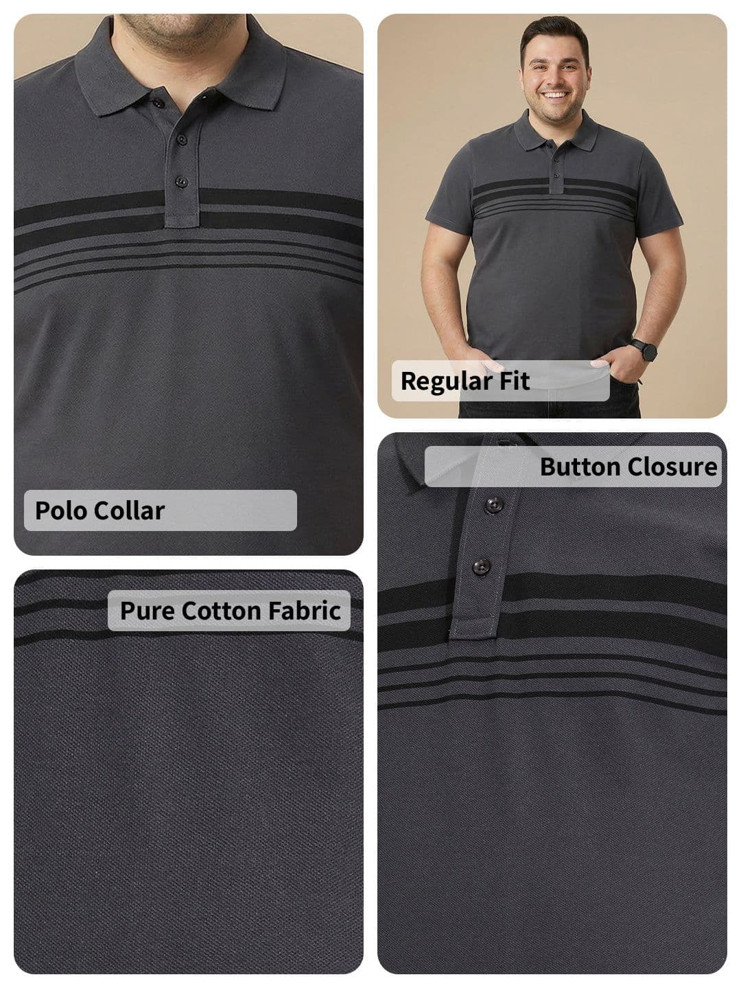 Sztori Plus Size Striped Polo Collar Pure Cotton T-shirt thumbnail 4
