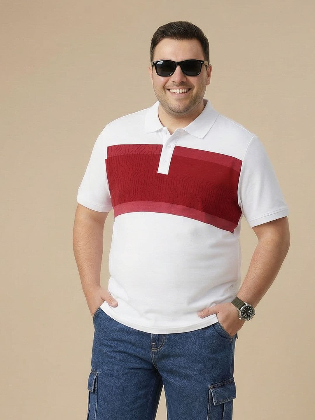 Sztori Plus Size Colourblocked Polo Collar Pure Cotton T-shirt thumbnail 6