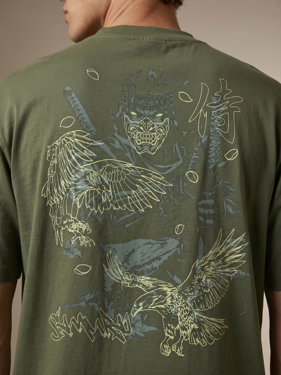 glitchez Olive Green Graphic Printed Oversized Fit T-shirt thumbnail 2