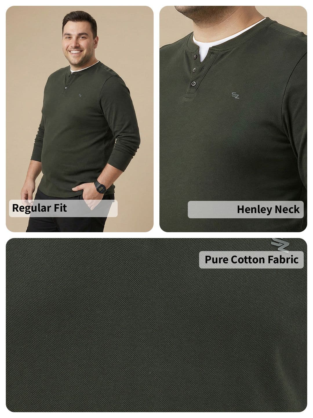 Sztori Plus Size Henley Neck Pure Cotton T-shirt thumbnail 3