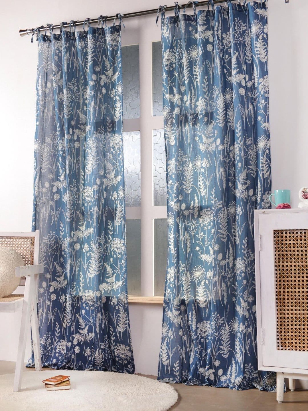 Gulaab Jaipur Blue & White Set of 2 Floral Window Curtain thumbnail 2