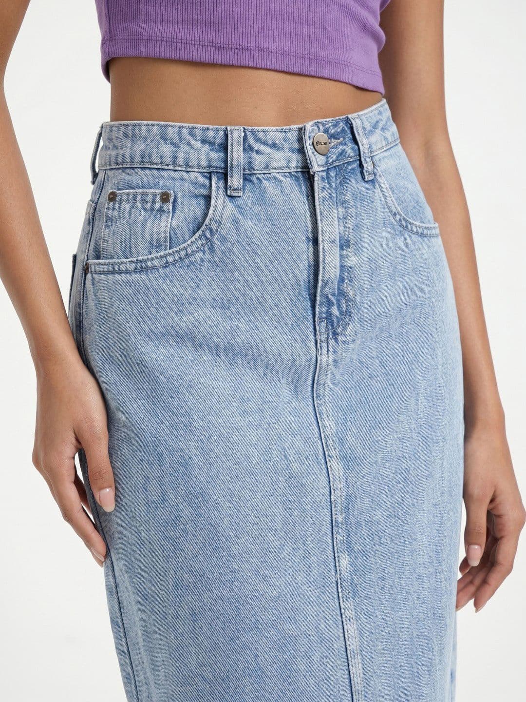 glitchez Women Back Slit Midi Denim Skirt thumbnail 5