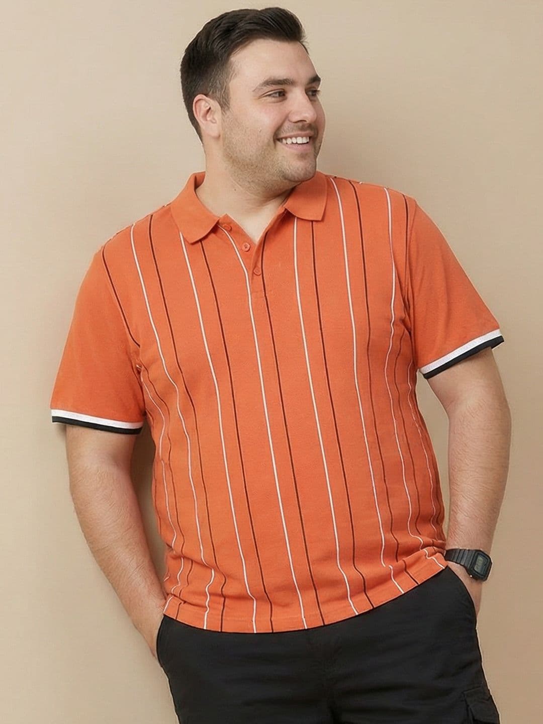 Sztori Plus Size Striped Polo Collar Pure Cotton T-shirt thumbnail 3