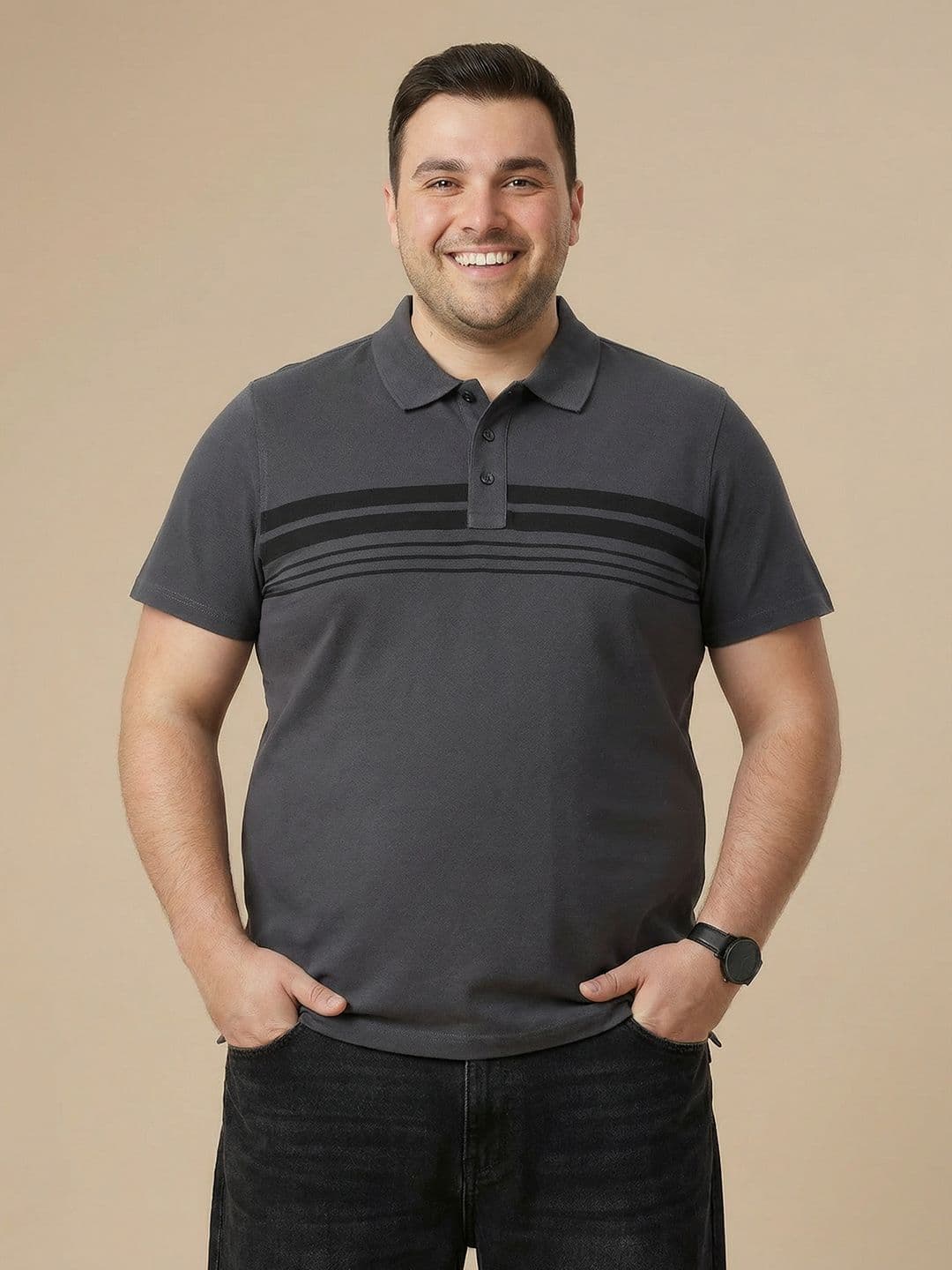 Sztori Plus Size Striped Polo Collar Pure Cotton T-shirt thumbnail 5