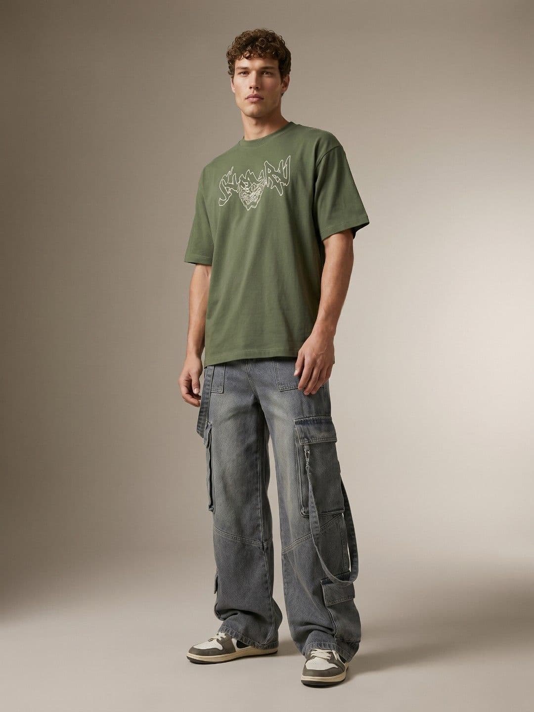 glitchez Olive Green Graphic Printed Oversized Fit T-shirt thumbnail 3