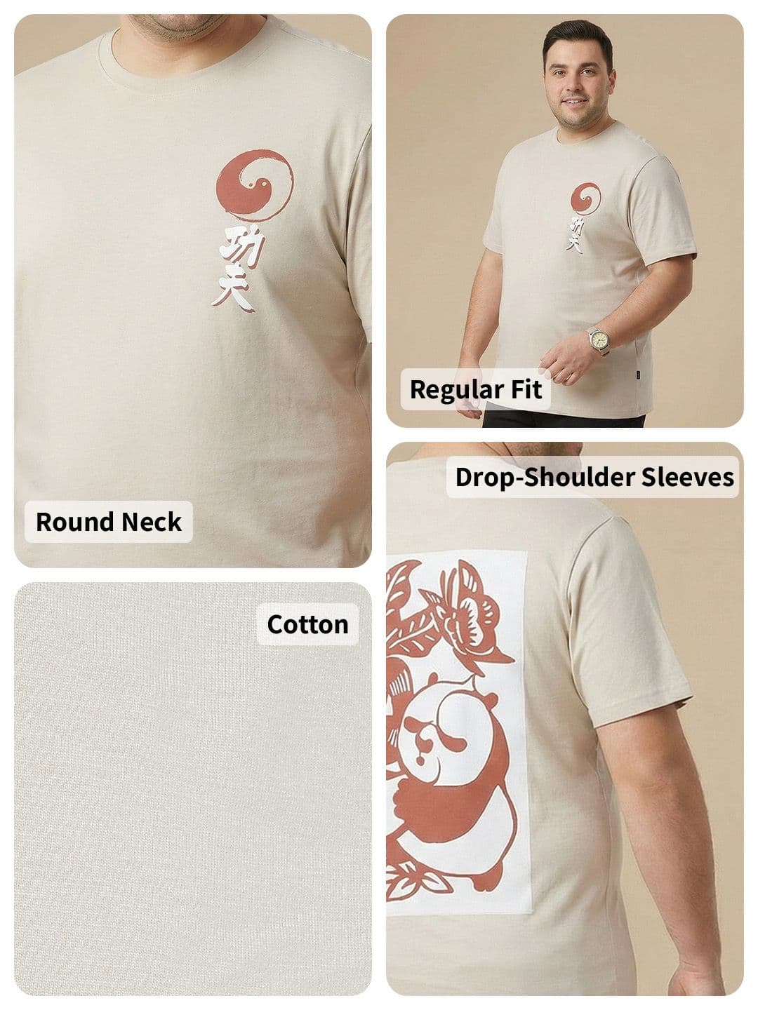 Sztori Plus Size Kung Fu Panda Printed Drop-Shoulder Sleeves Pure Cotton T-shirt thumbnail 6