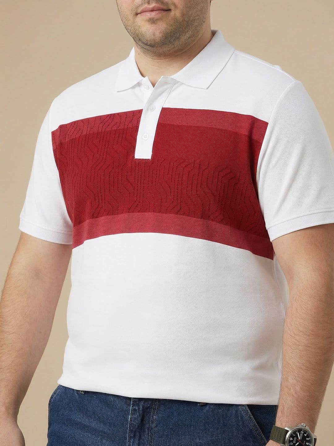 Sztori Plus Size Colourblocked Polo Collar Pure Cotton T-shirt thumbnail 4