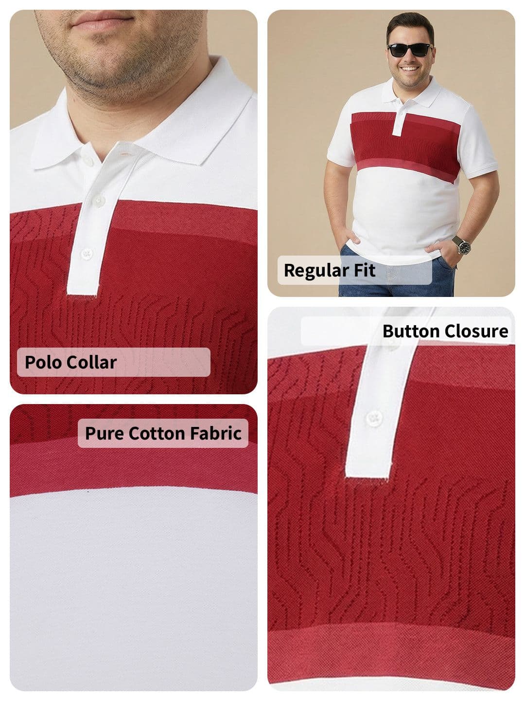 Sztori Plus Size Colourblocked Polo Collar Pure Cotton T-shirt thumbnail 5