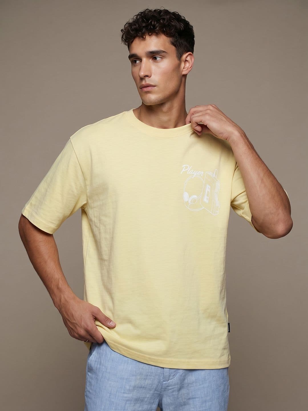 glitchez Yellow Typography Printed Relaxed Fit T-shirt thumbnail 5