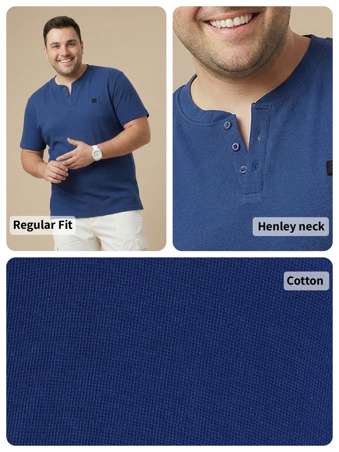 Sztori Plus Size Henley Neck Pure Cotton T-shirt thumbnail 6