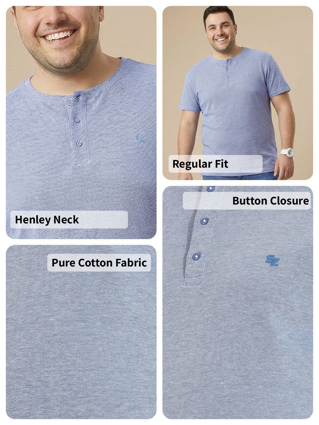 Sztori Plus Size Henley Neck Pure Cotton T-shirt thumbnail 5