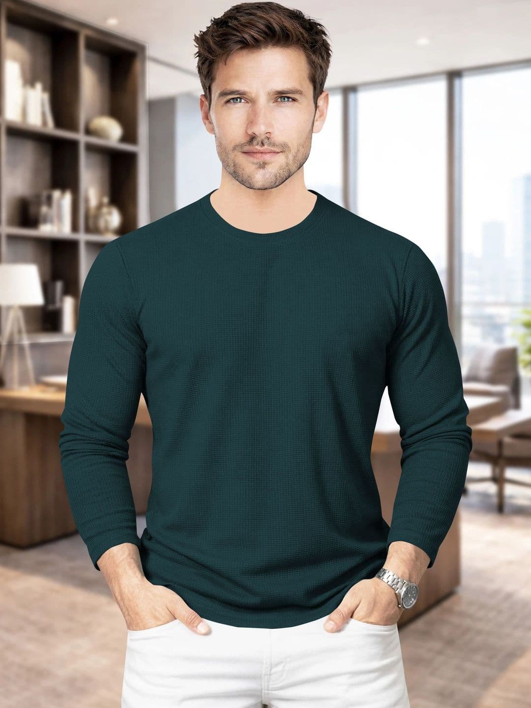 HAPPY KHAJANA Men Self Design Long Sleeves T-shirt - view 1