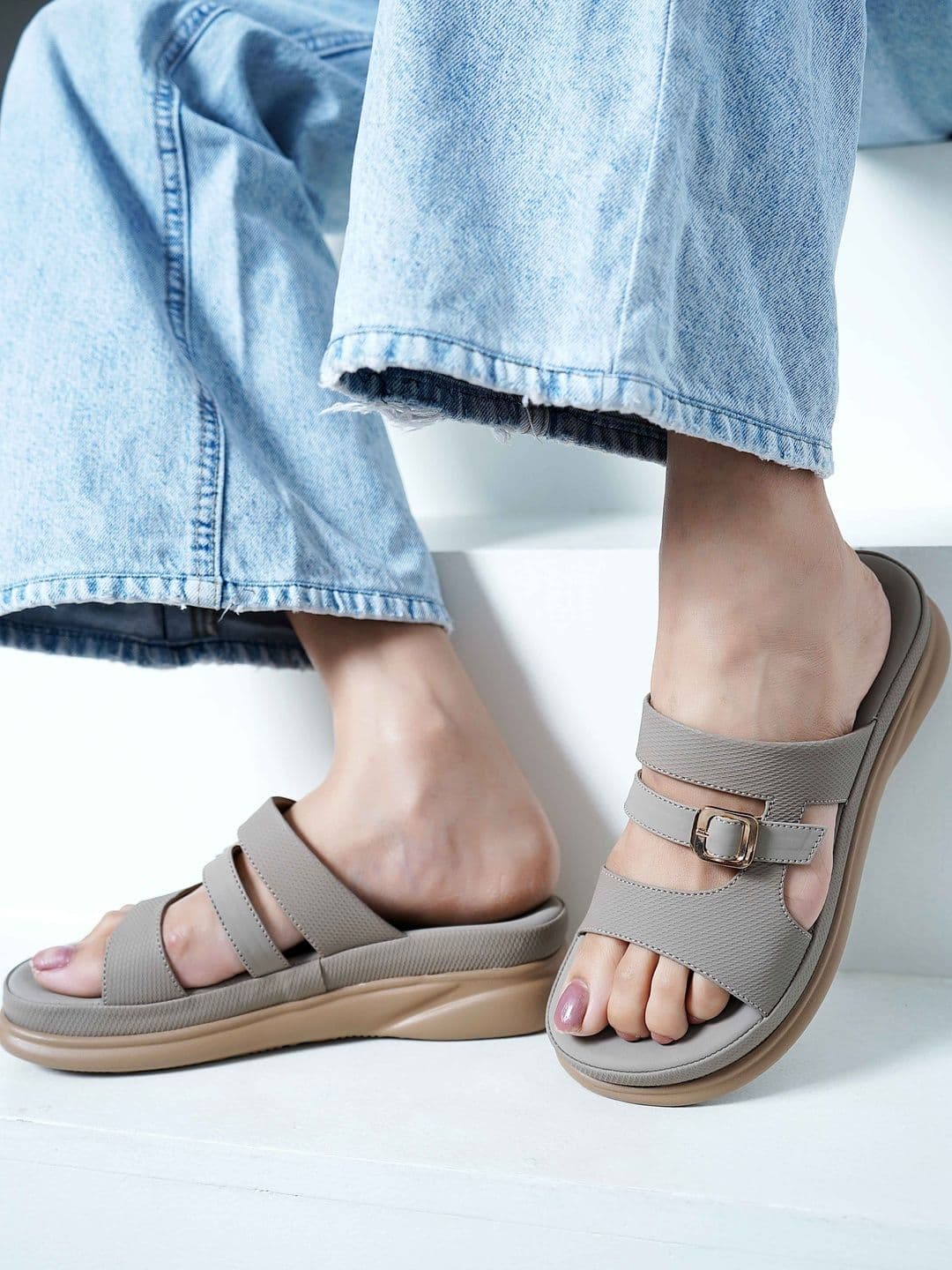 Shoeluxe Textured Flatform Sandals with Buckles - view 1