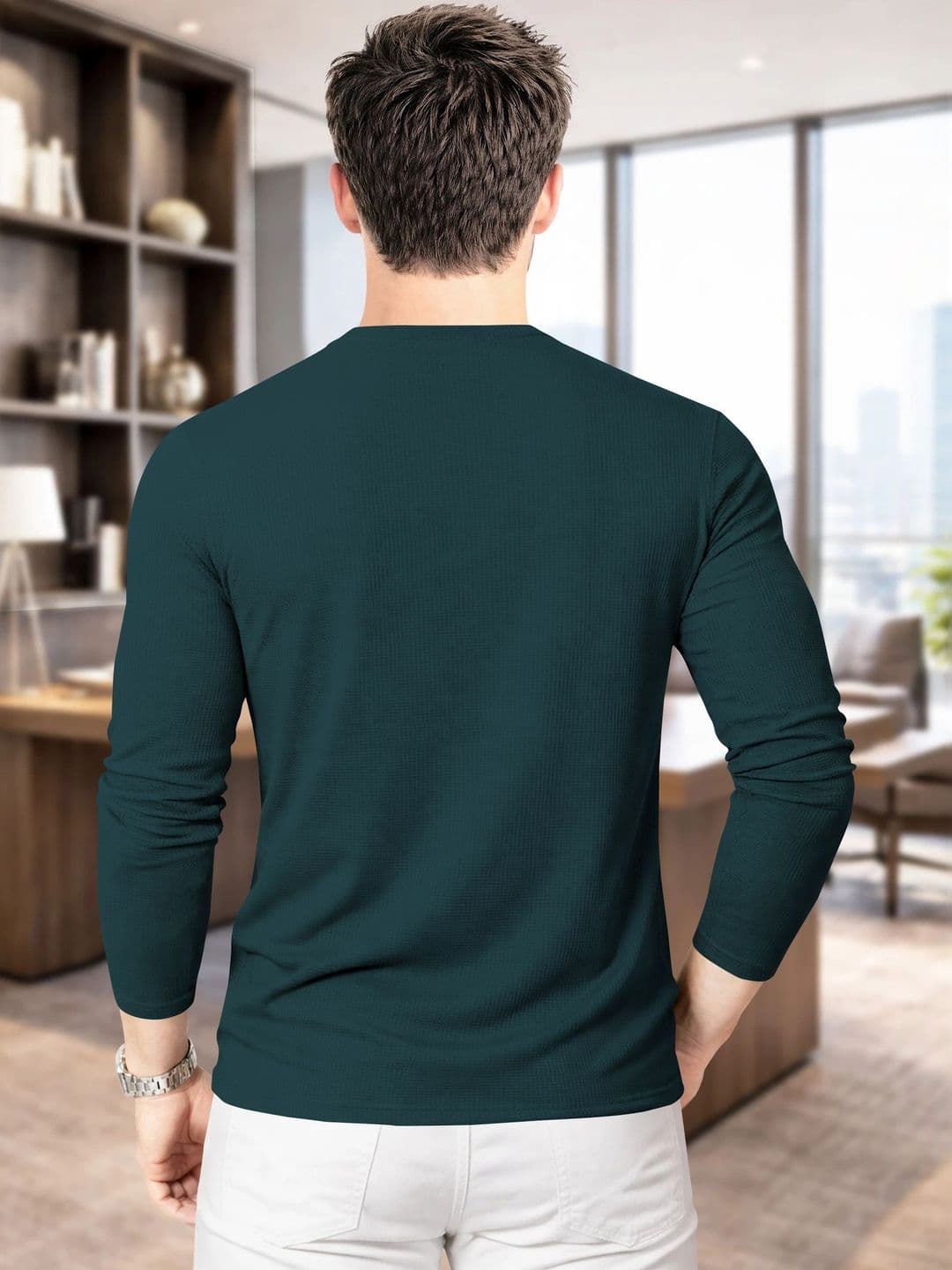 HAPPY KHAJANA Men Self Design Long Sleeves T-shirt thumbnail 3
