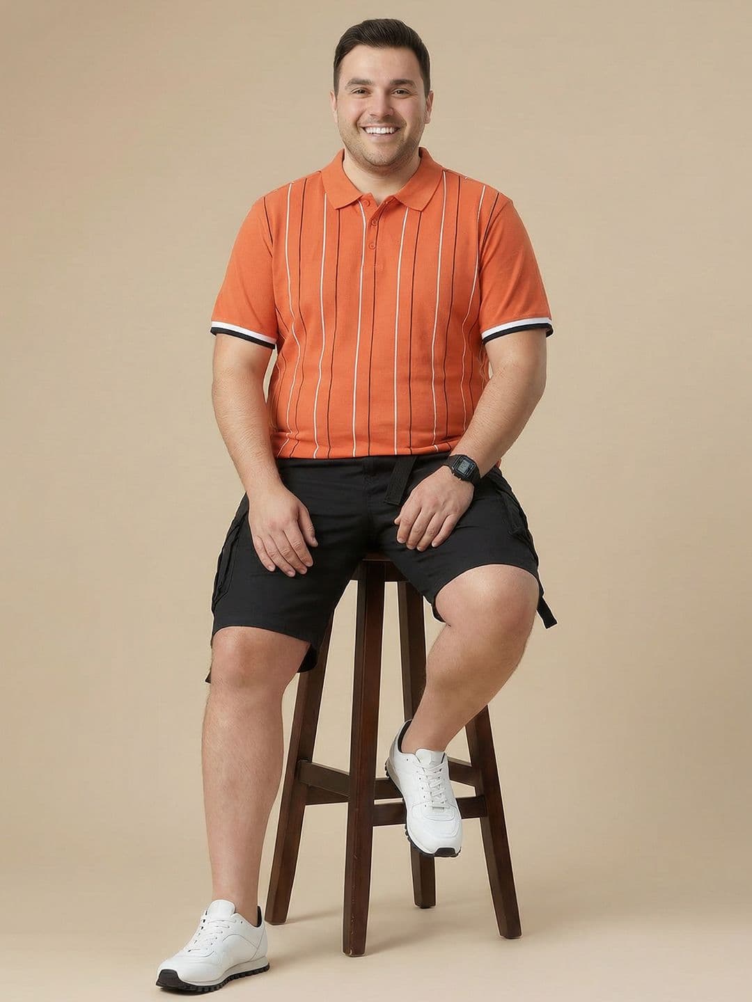 Sztori Plus Size Striped Polo Collar Pure Cotton T-shirt thumbnail 4