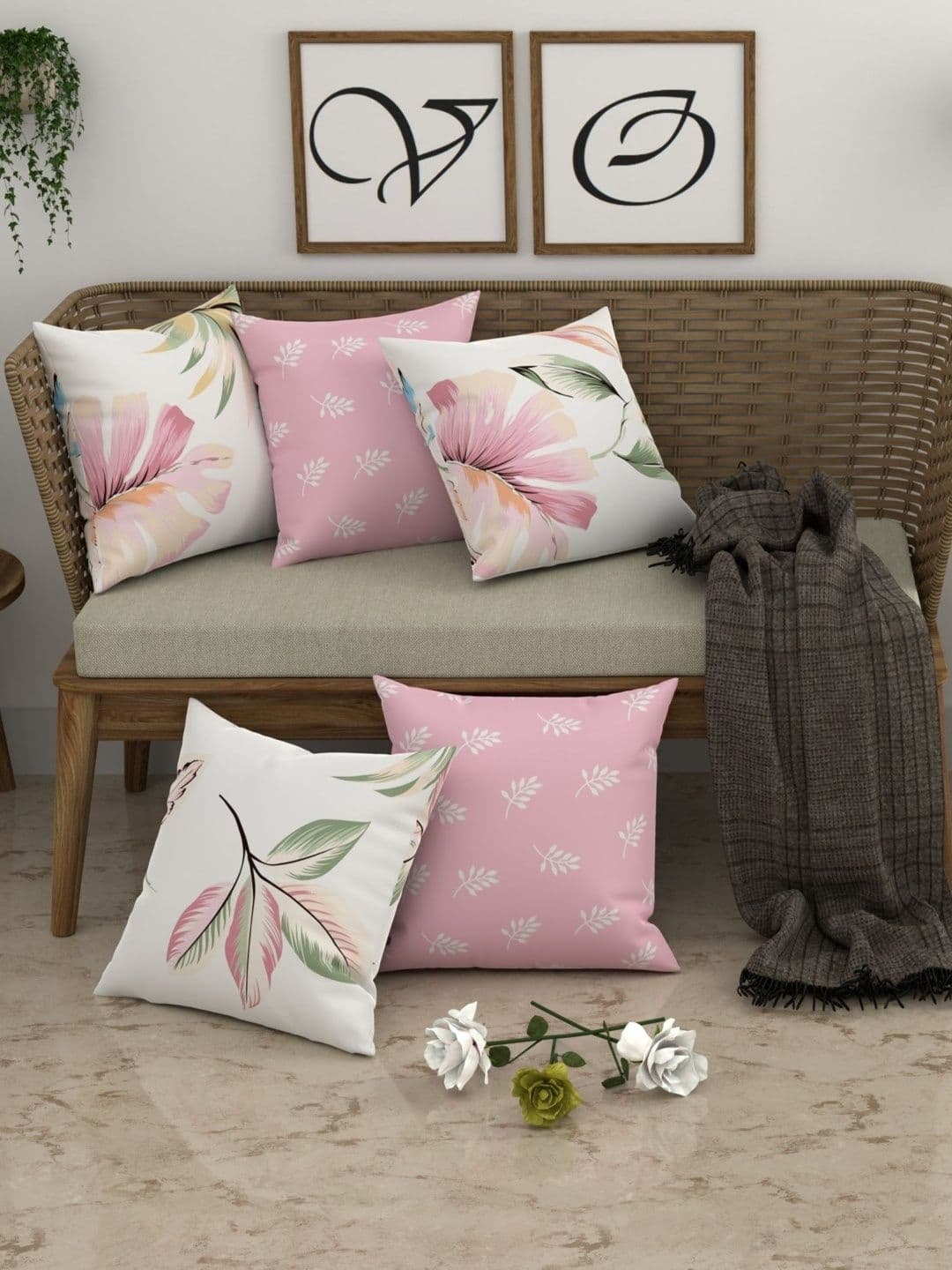 CHHAVI INDIA Off White & Pink Set of 5 Floral Square Cushion Covers thumbnail 2