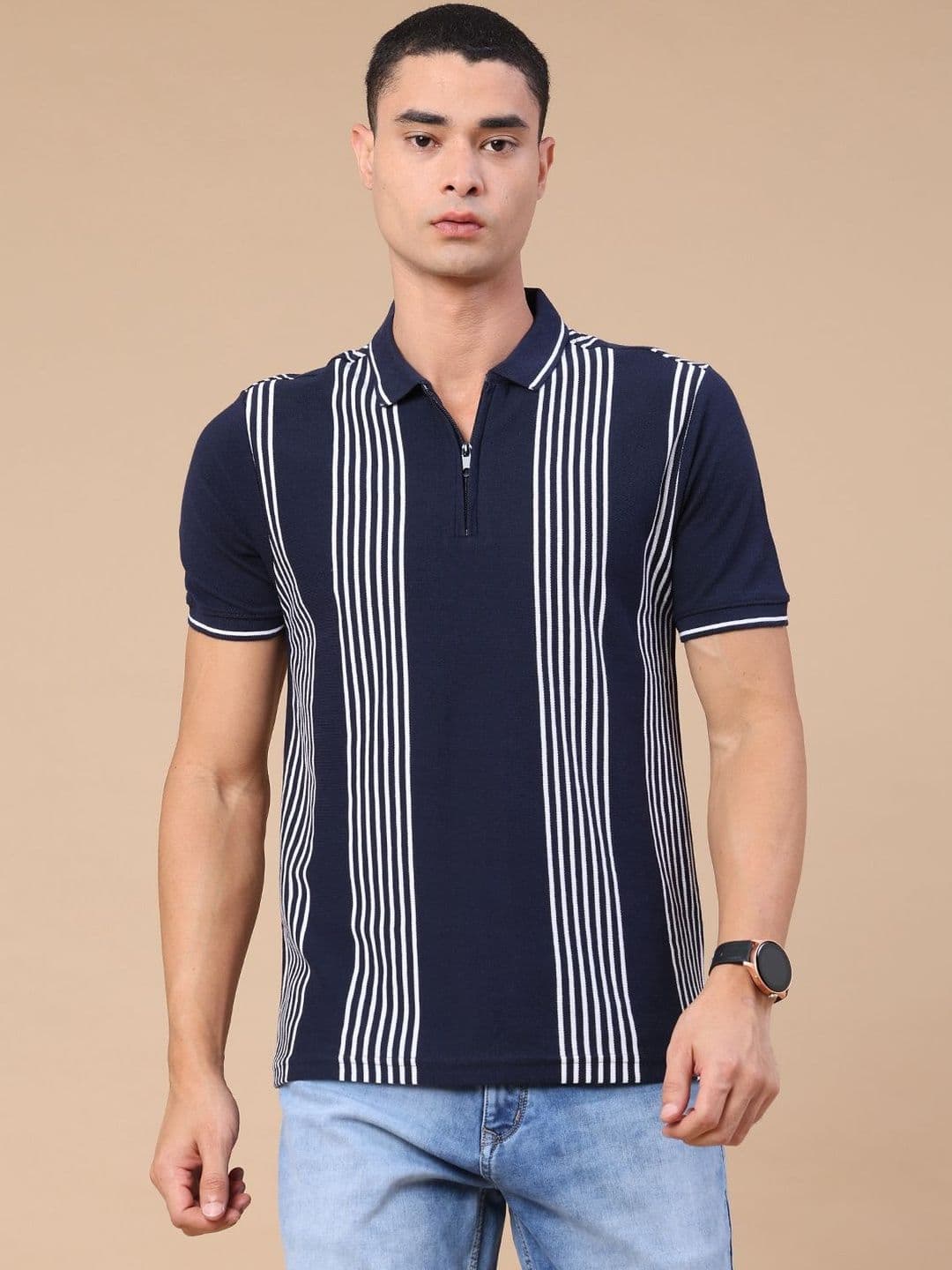 V-Mart Men Striped Polo Collar T-shirt - view 1