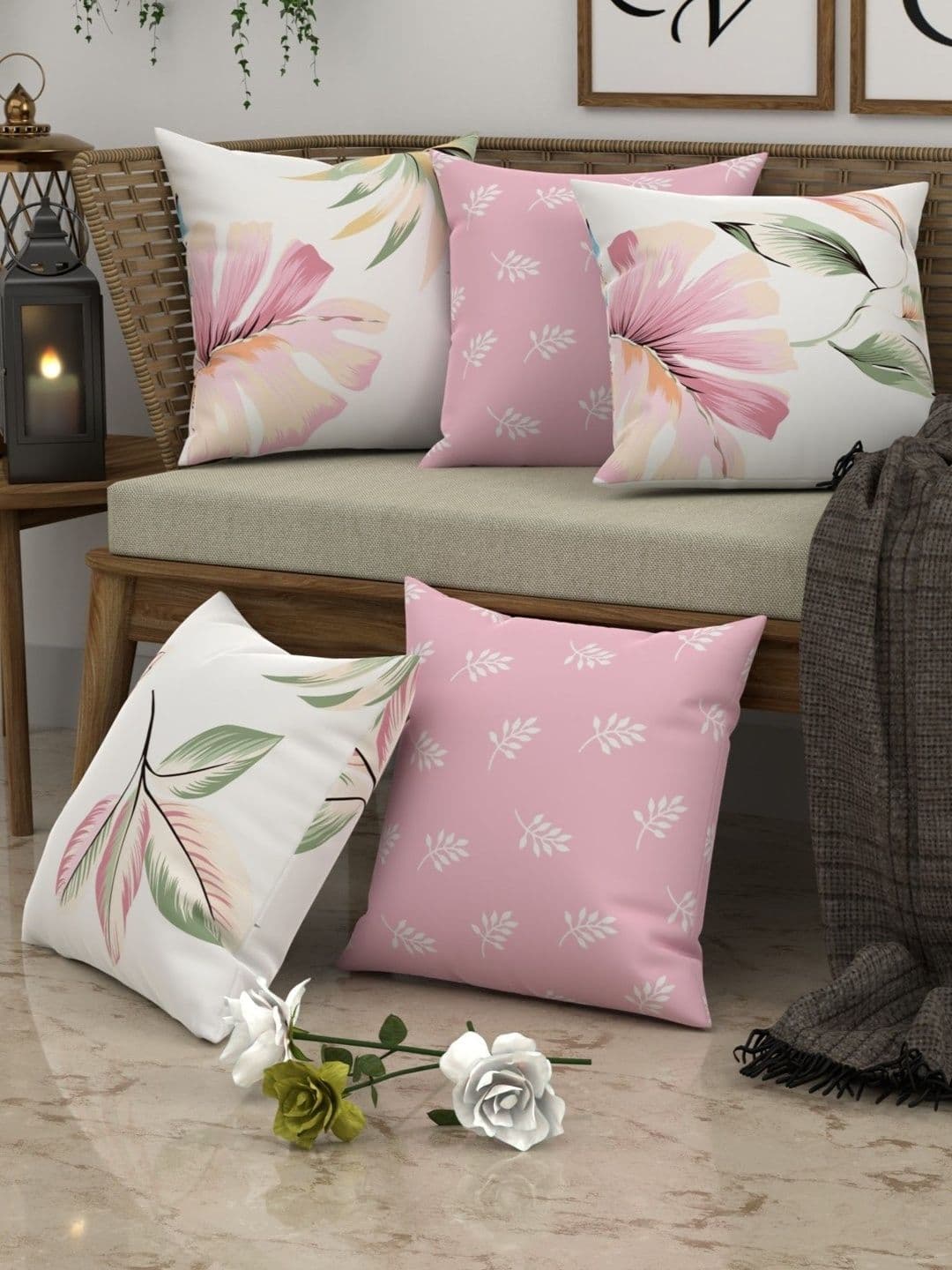 CHHAVI INDIA Off White & Pink Set of 5 Floral Square Cushion Covers thumbnail 5